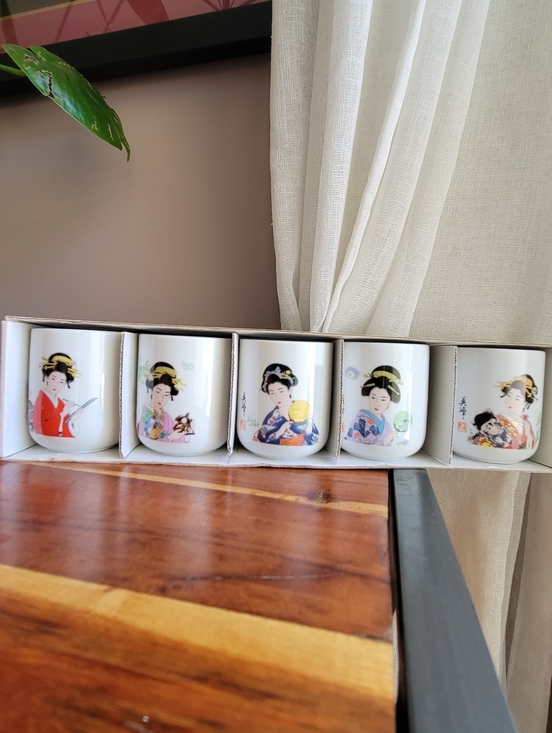 Other - VTG Set of 5 Japanese Porcelain Geisha Sake Tea Cup Set in a Box Never Used OB